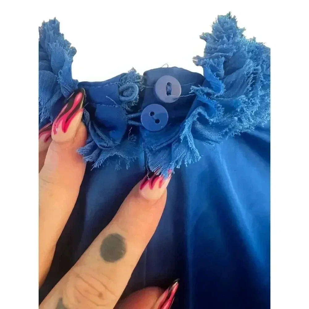 ZARA womens blue sleeveless satin ruffled neck shirt size small - Picture 7 of 8